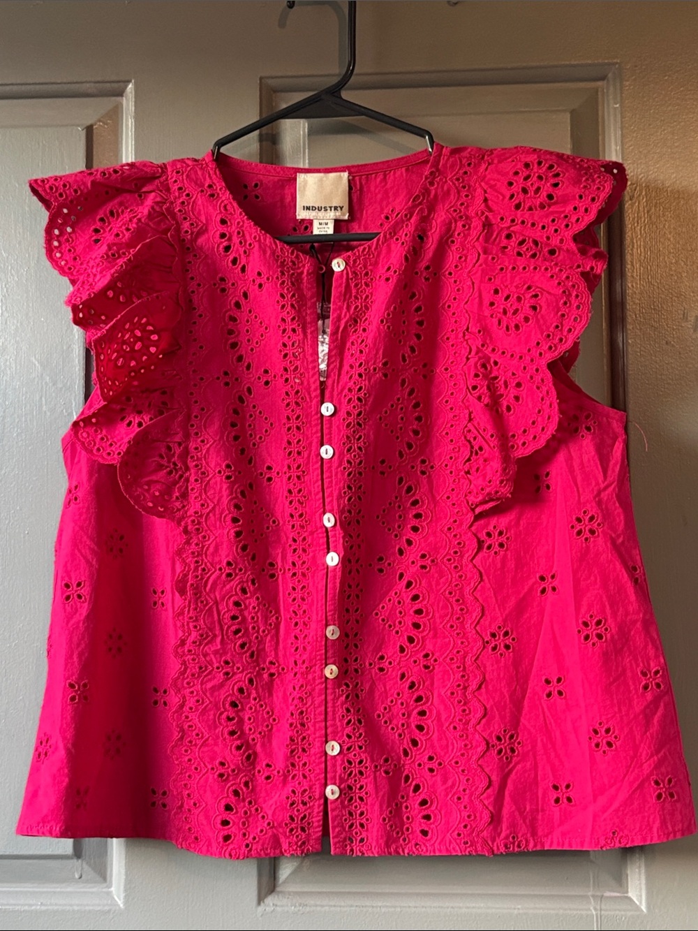 INDUSTRY by Le Tote Bright Fuchsia Eyelet Button Top